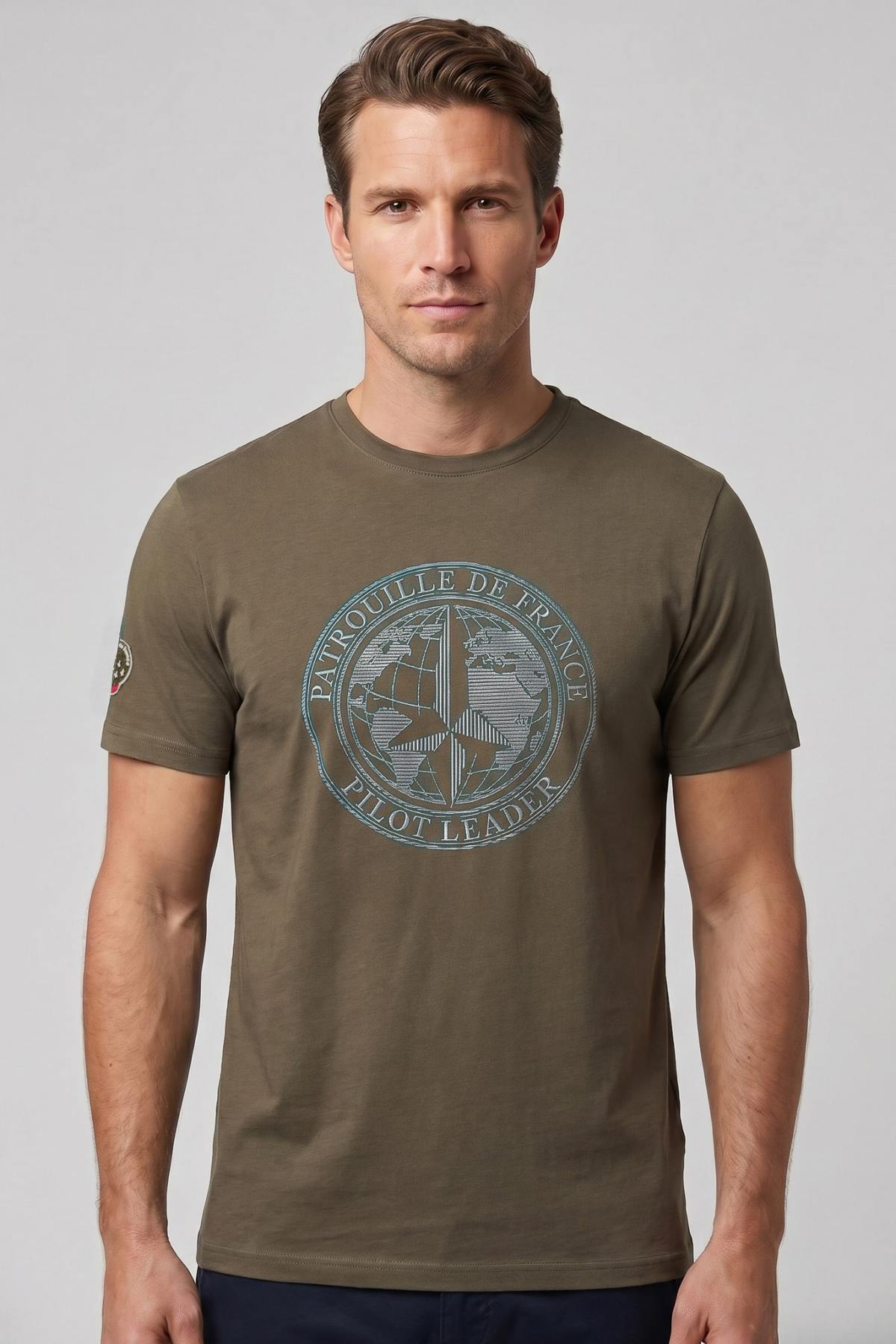 Khaki t-shirt with Patrouille de France illustration - Image n°1
