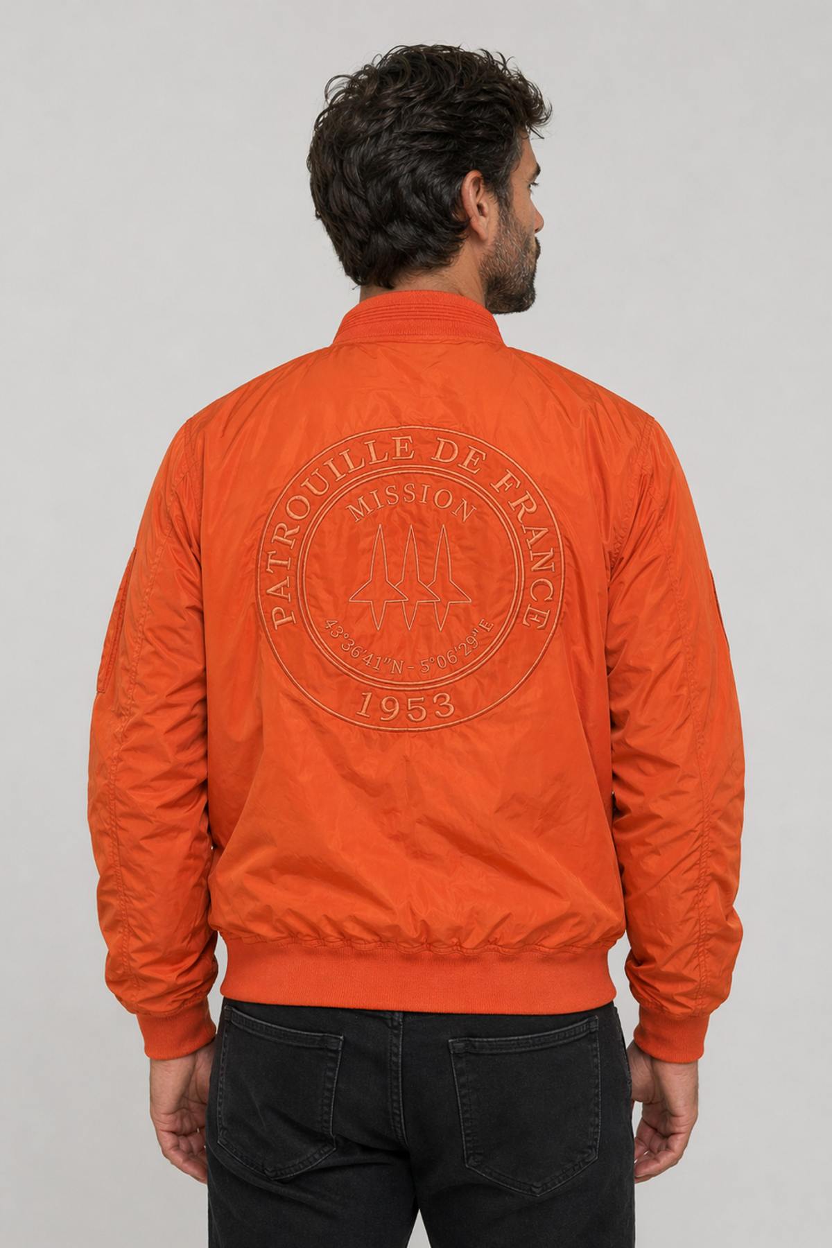 Orange bomber jacket with front badge and back embroidery - Image n°2