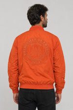 Orange bomber jacket with front badge and back embroidery - Image n°2