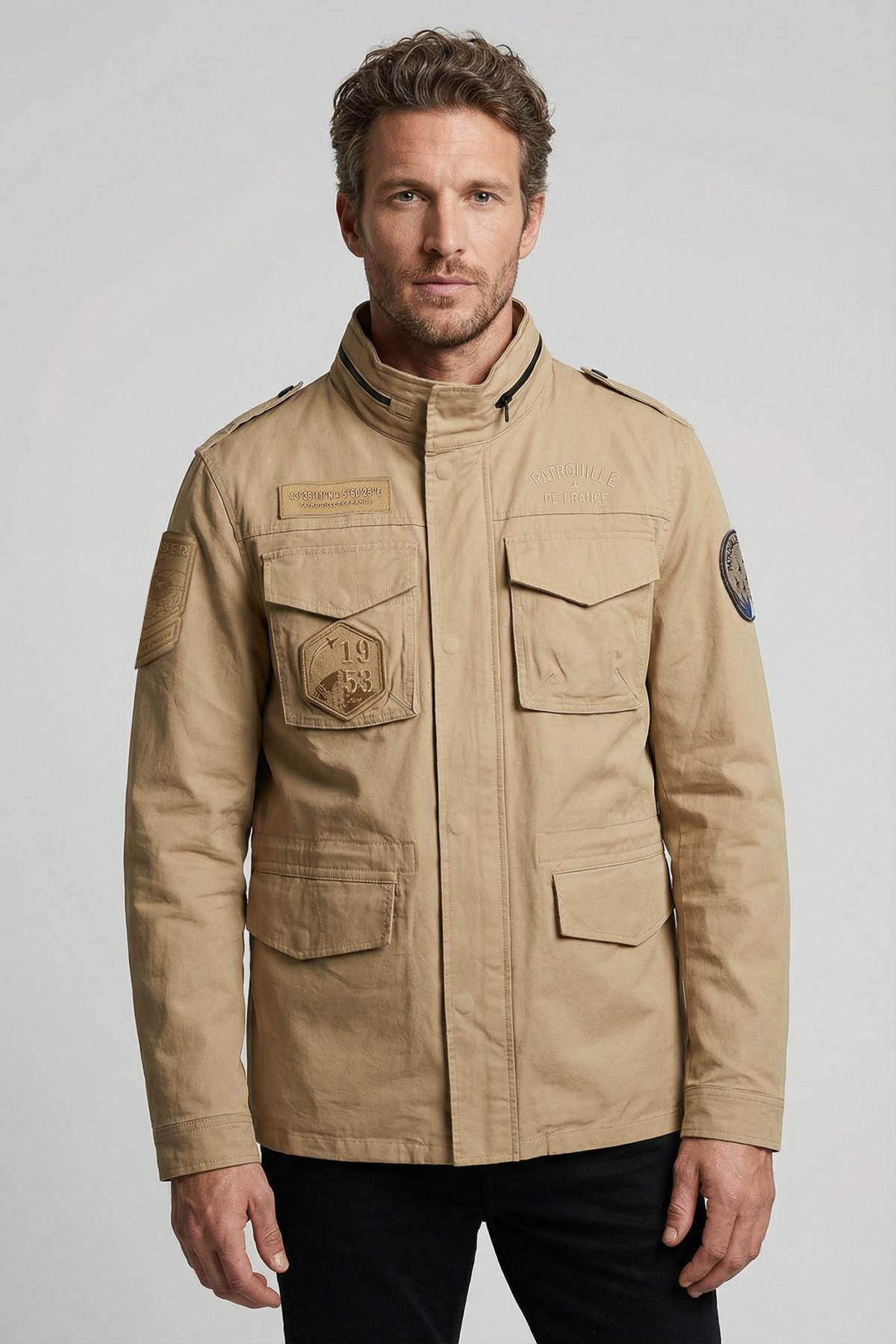 Sand-colored army-style multi-pocket jacket with stand-up collar - Image n°1