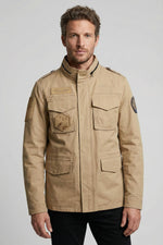 Sand-colored army-style multi-pocket jacket with stand-up collar - Image n°1
