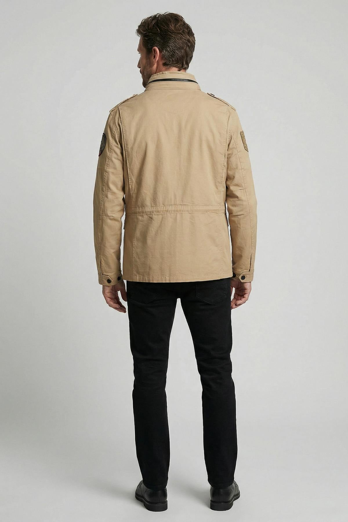 Sand-colored army-style multi-pocket jacket with stand-up collar - Image n°2