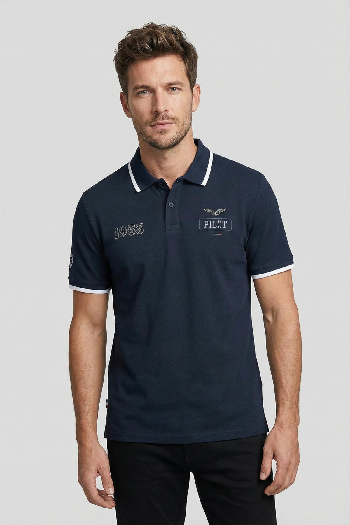 Navy blue polo shirt with white stripes of the PAF - Image n°1