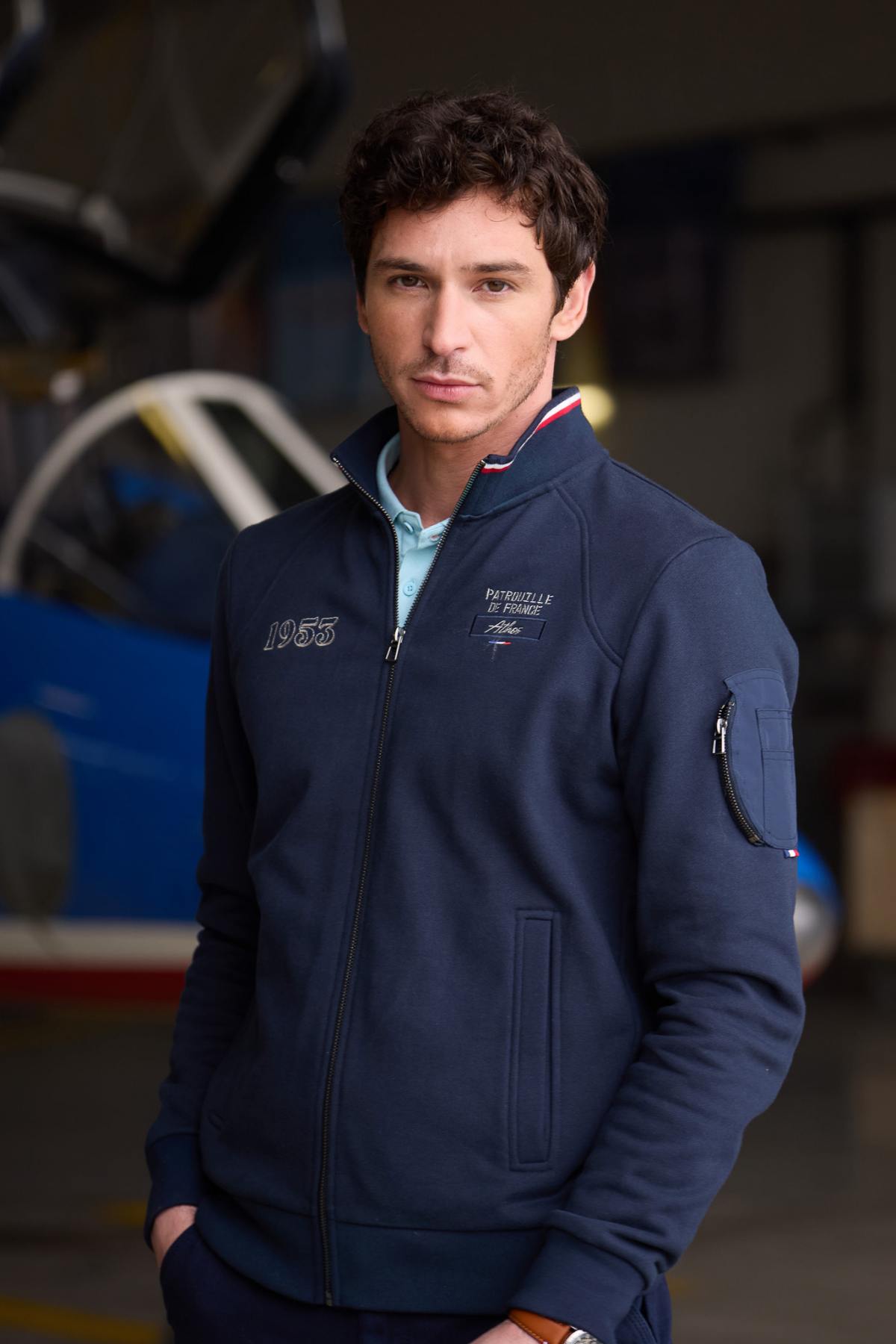 Navy blue Patrouille de France zip-up sweatshirt with high neck - Image n°1
