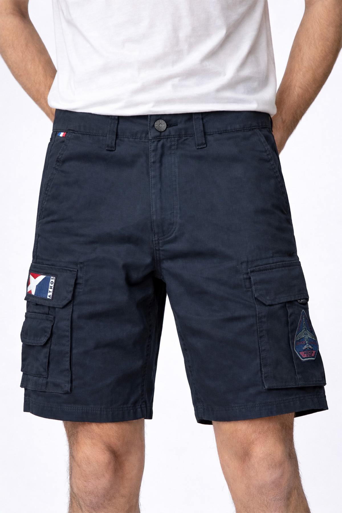 Navy blue cotton patched Bermuda shorts - Image n°1