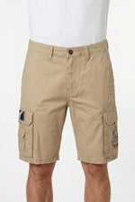 Sand-colored patched cotton Bermuda shorts - Image n°1