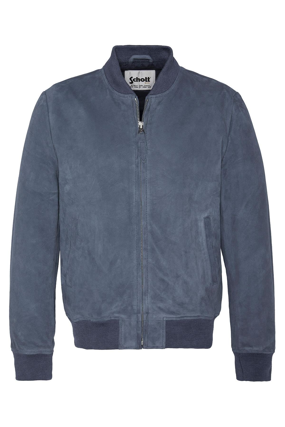 The LC300 INDIGO by Schott, blue suede goatskin leather and lightweight. - Image n°1