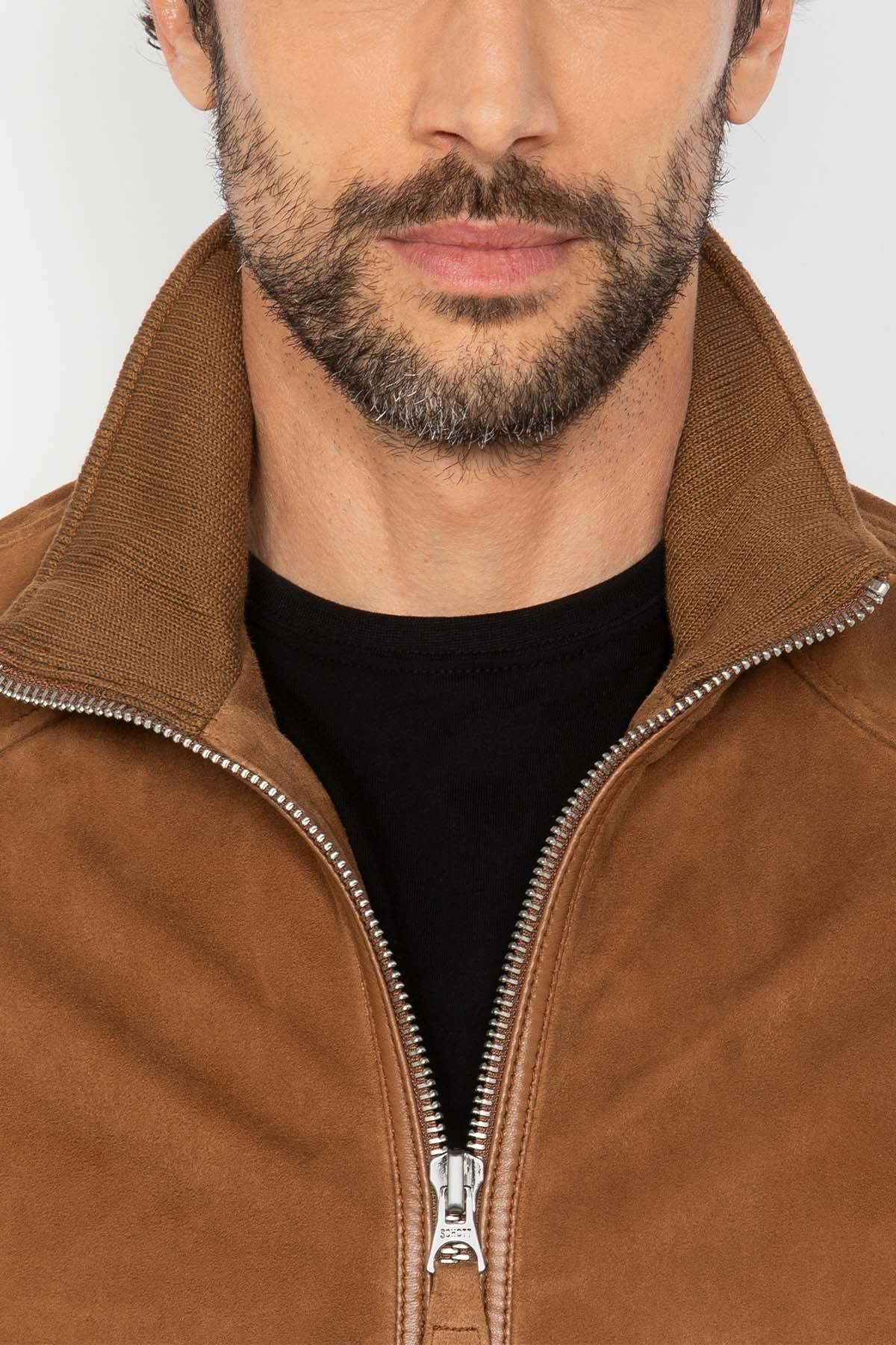 Rust-colored suede leather jacket with a knitted collar - Image n°3