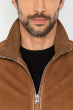 Rust-colored suede leather jacket with a knitted collar - Image n°3