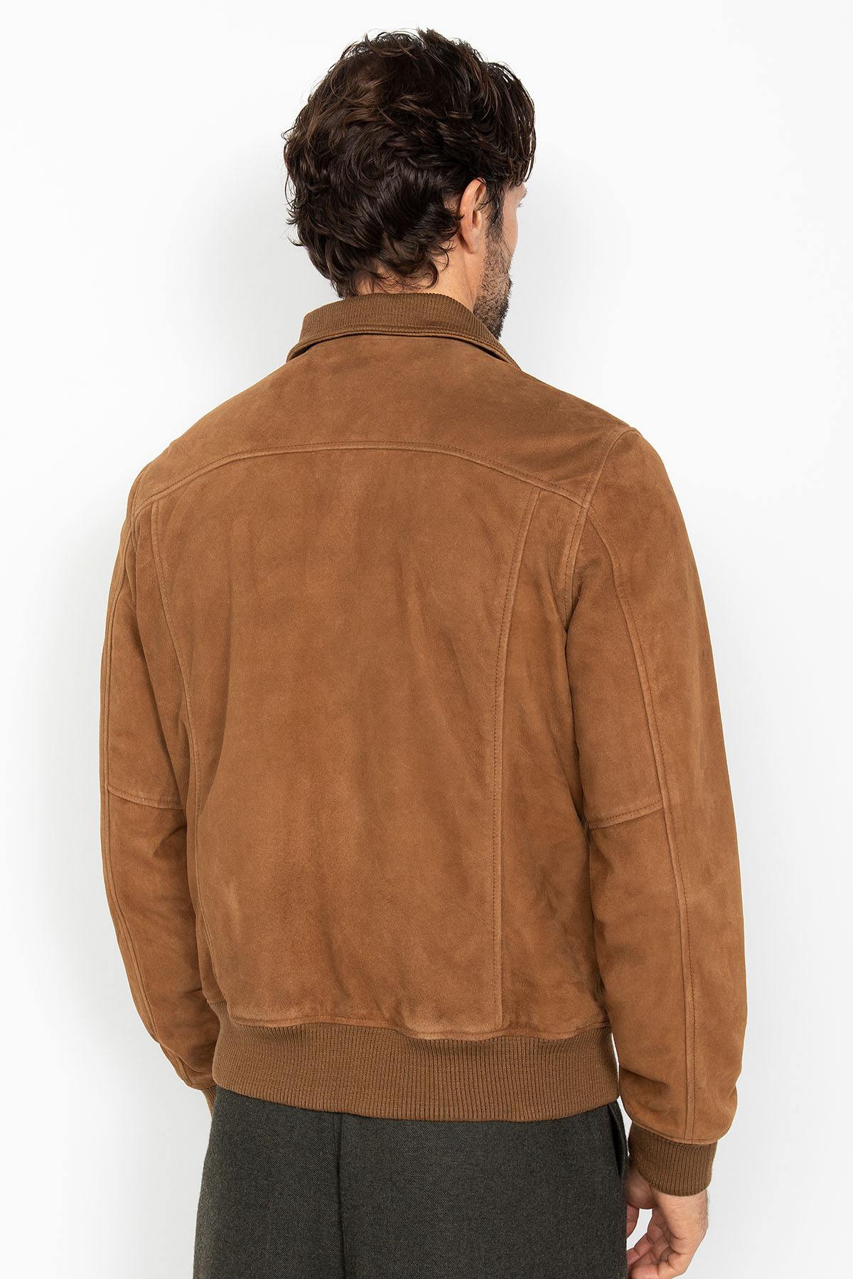 Rust-colored suede leather jacket with a knitted collar - Image n°2