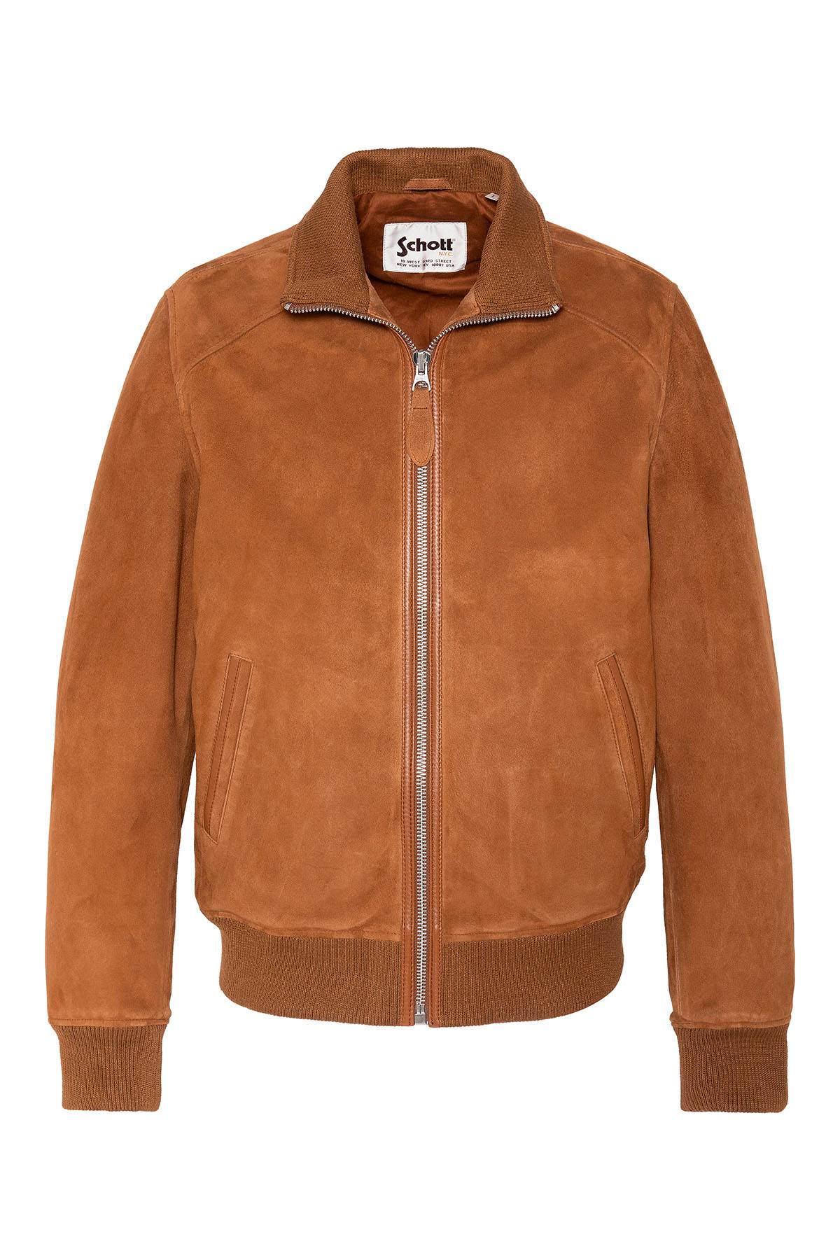 Rust-colored suede leather jacket with a knitted collar - Image n°6