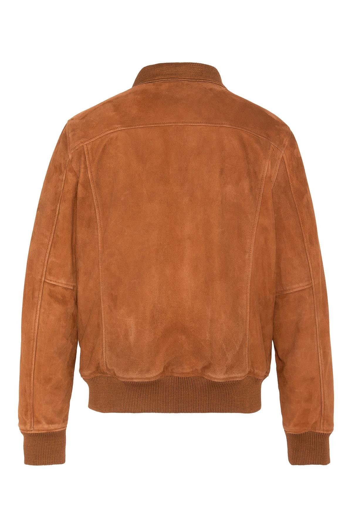Rust-colored suede leather jacket with a knitted collar - Image n°7