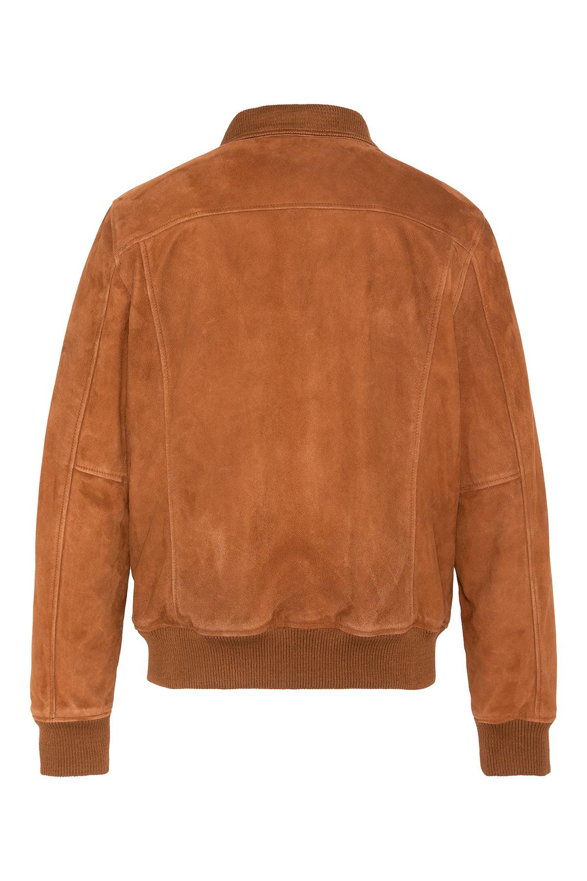 Rust-colored suede leather jacket with a knitted collar - Image n°7