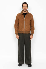 Rust-colored suede leather jacket with a knitted collar - Image n°4