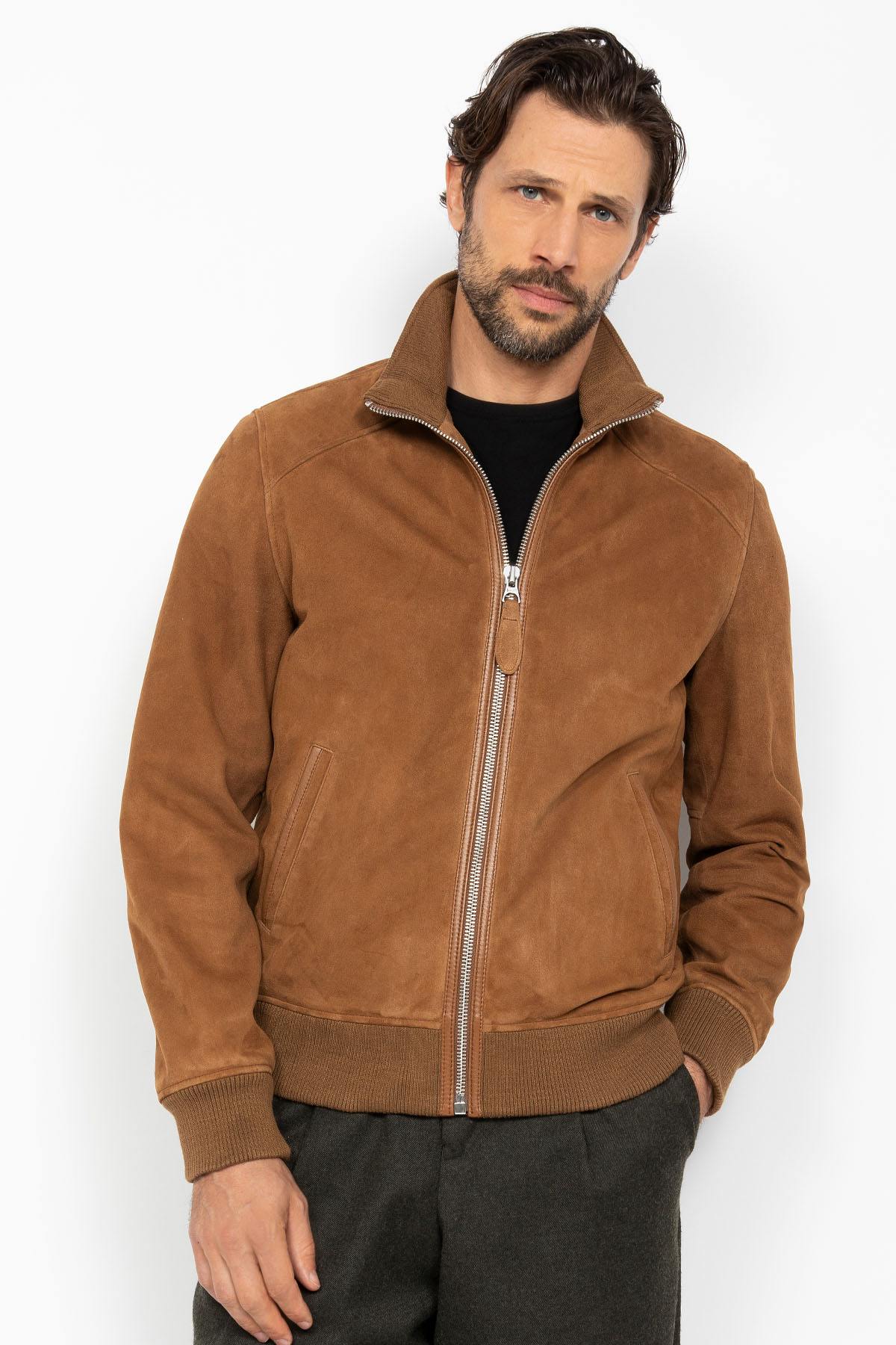 Rust-colored suede leather jacket with a knitted collar - Image n°5