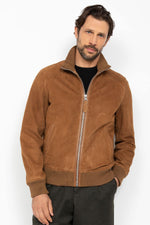 Rust-colored suede leather jacket with a knitted collar - Image n°5