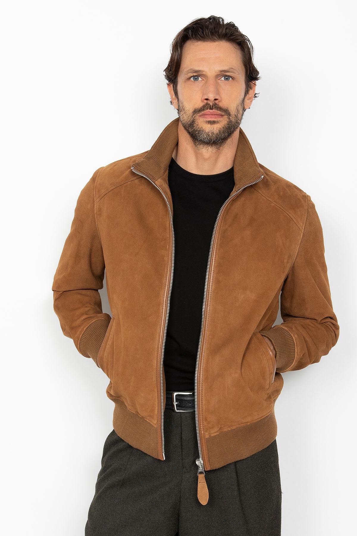 Rust-colored suede leather jacket with a knitted collar - Image n°1