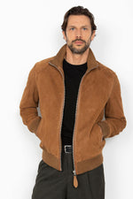 Rust-colored suede leather jacket with a knitted collar - Image n°1