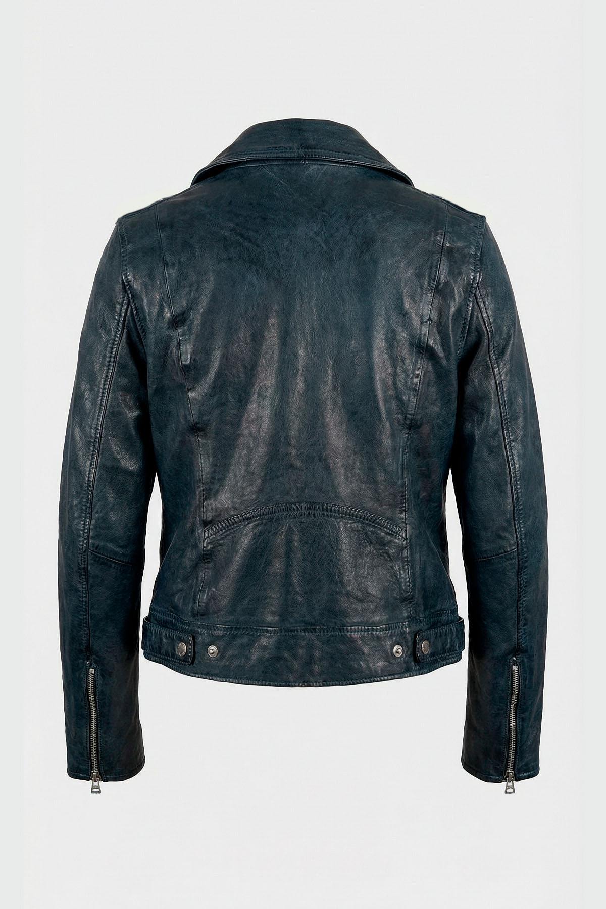 Women's navy blue leather biker jacket - Image n°2