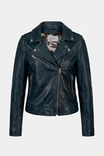 Women's navy blue leather biker jacket - Image n°1