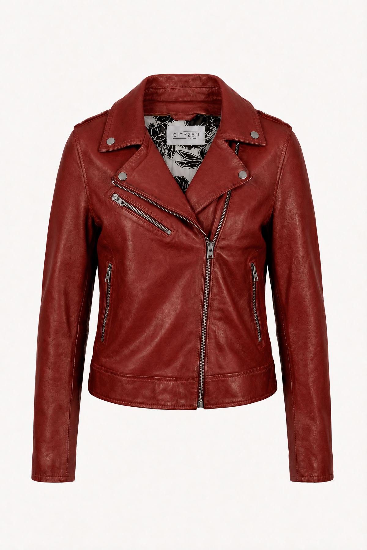 Women's ketchup-red leather biker jacket - Image n°1