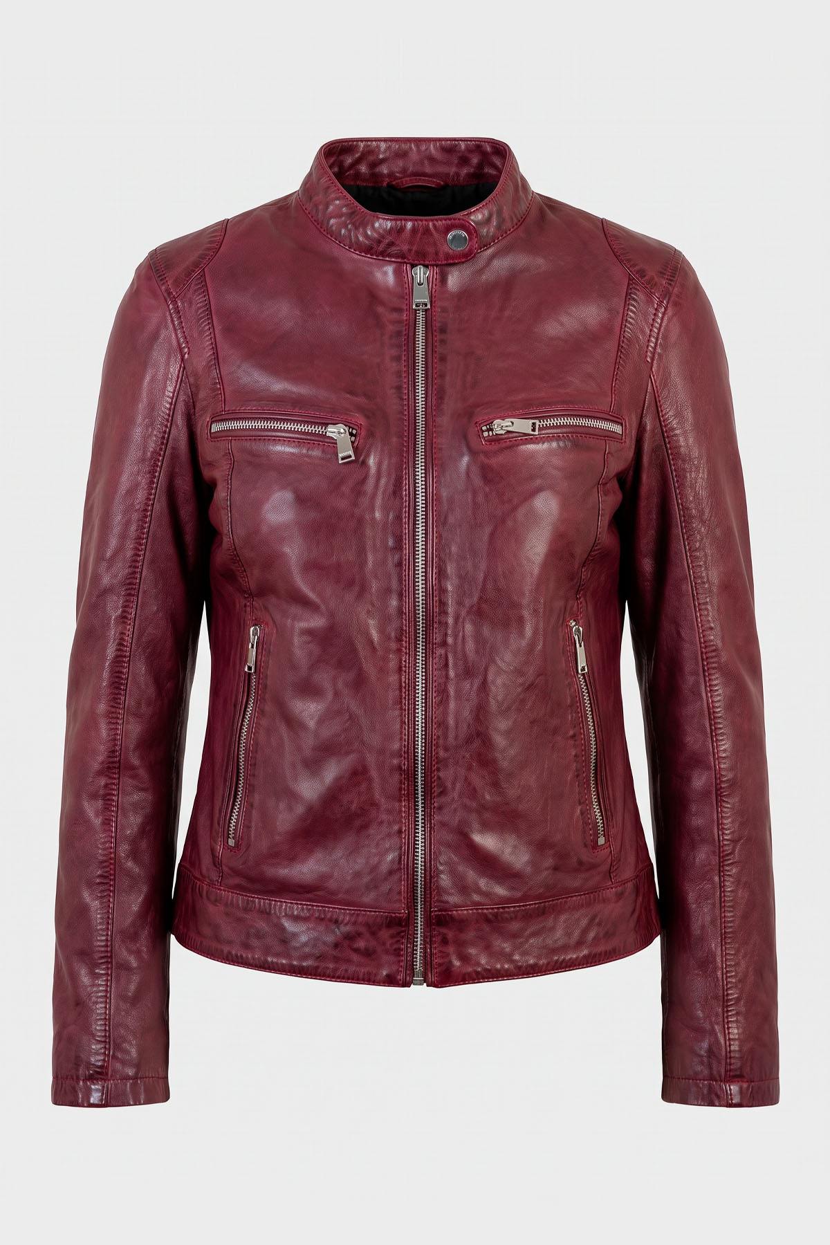Women's dark pink leather biker-collar jacket - Image n°9