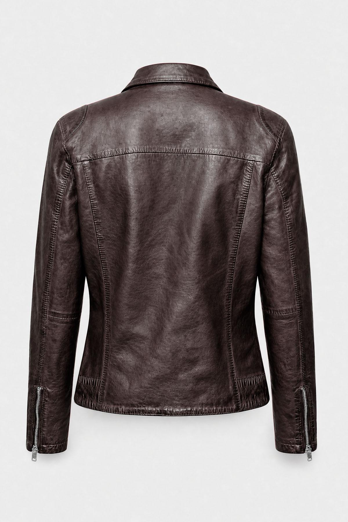 Women's chocolate brown leather jacket with a biker collar - Image n°2