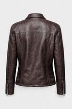 Women's chocolate brown leather jacket with a biker collar - Image n°2
