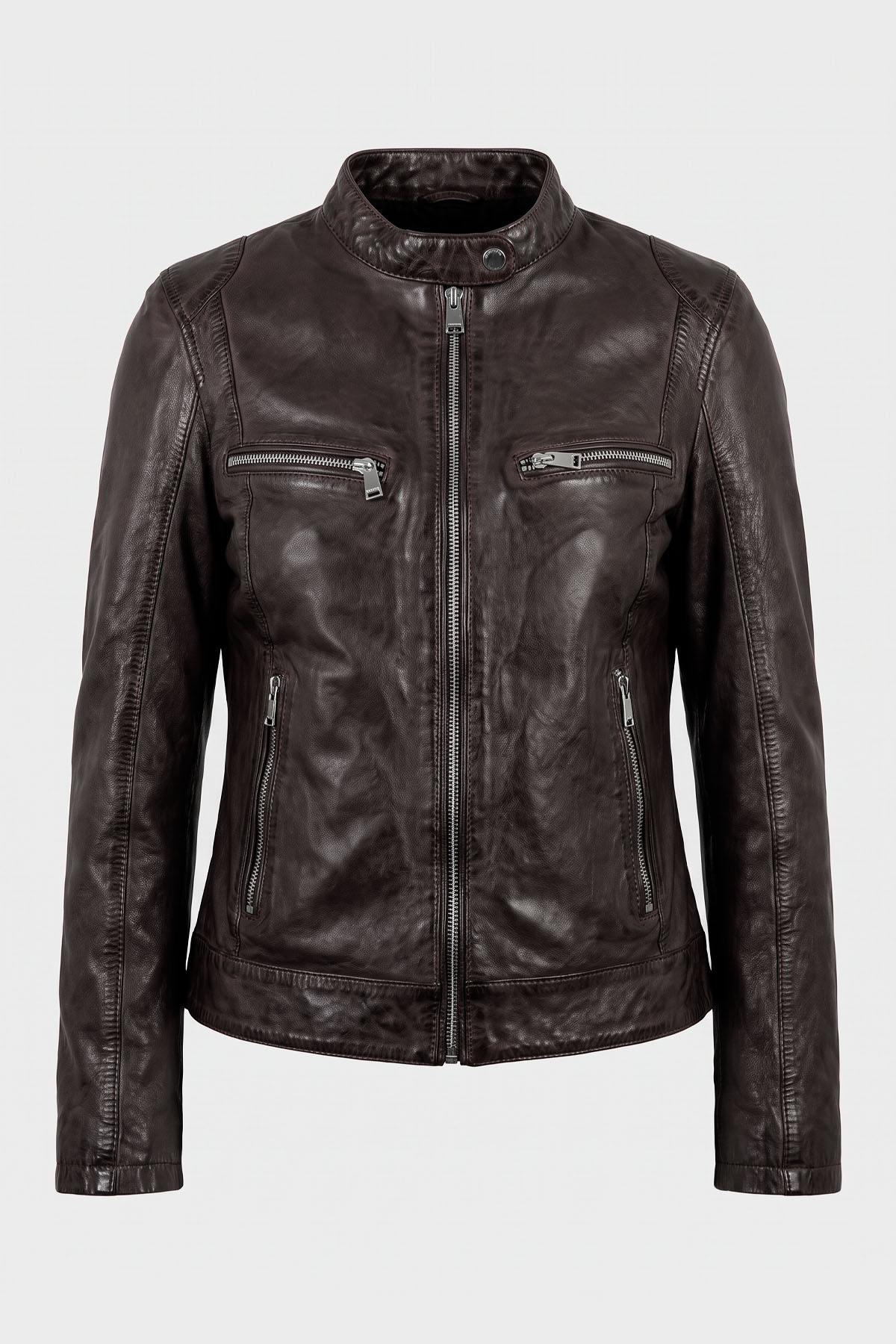 Women's chocolate brown leather jacket with a biker collar - Image n°1