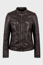 Women's chocolate brown leather jacket with a biker collar - Image n°1