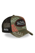Black, red, and khaki printed mesh cap with distressed logo - Image n°1