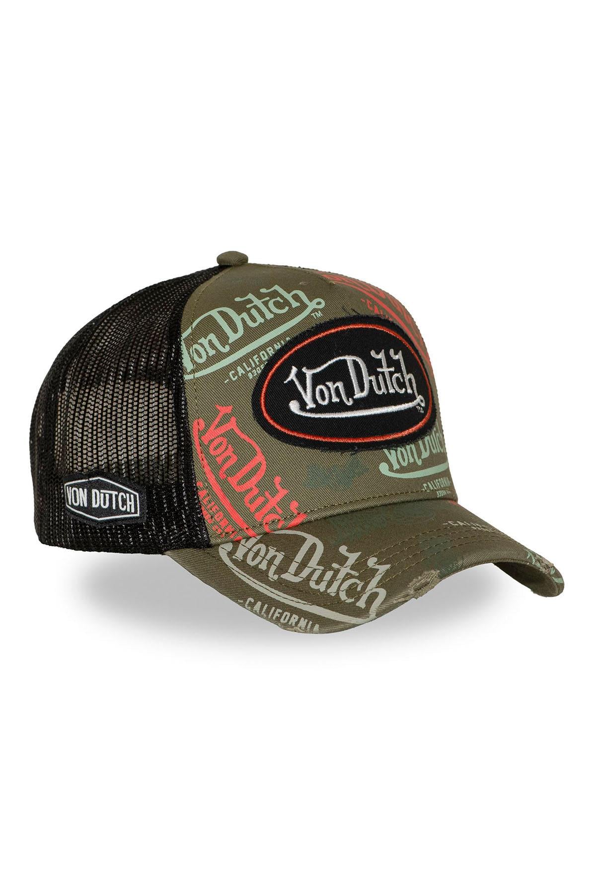 Black, red, and khaki printed mesh cap with distressed logo - Image n°1