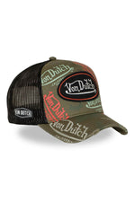 Black, red, and khaki printed mesh cap with distressed logo - Image n°1