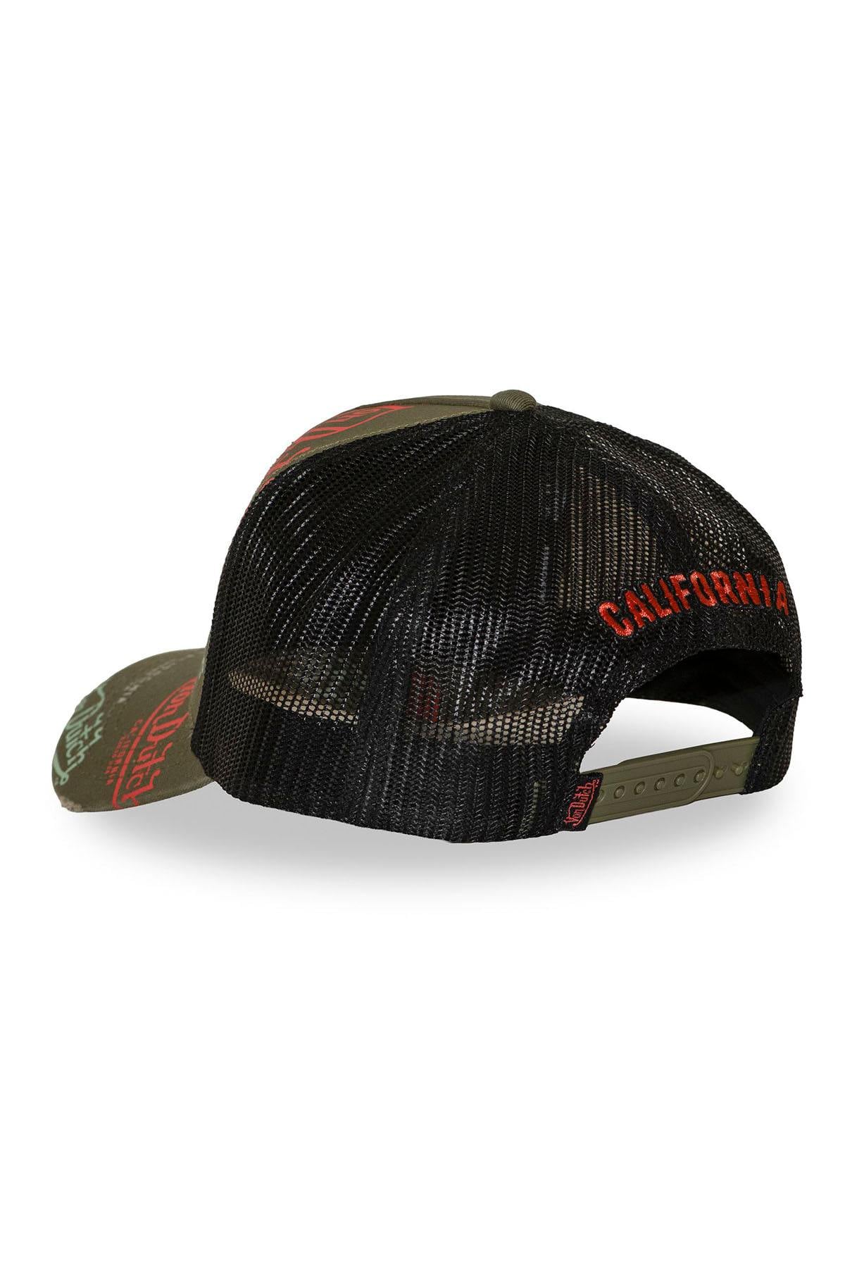 Black, red, and khaki printed mesh cap with distressed logo - Image n°3