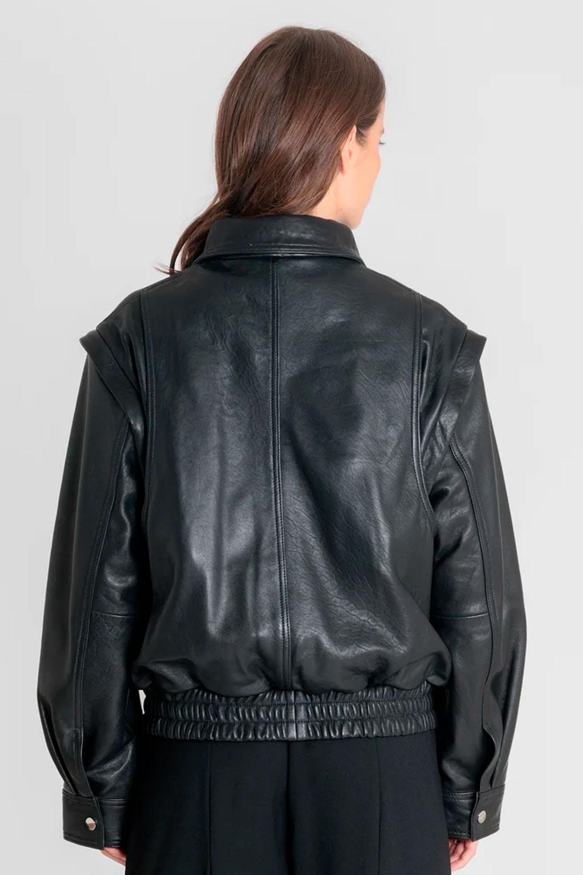 Oversized black leather jacket with detachable sleeves - Image n°2