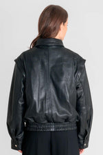 Oversized black leather jacket with detachable sleeves - Image n°2
