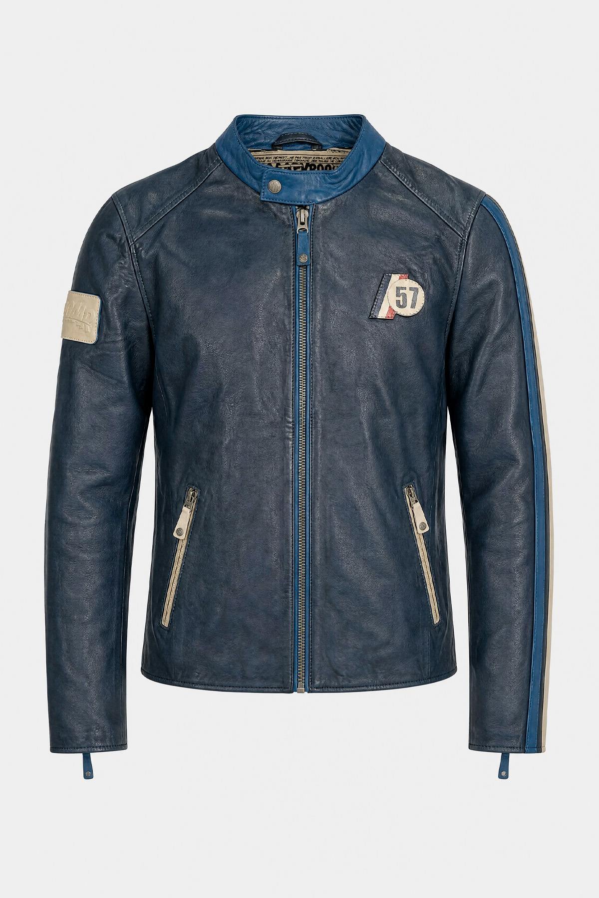 Royal blue vintage-look leather jacket – Michel Vaillant - Image n°1