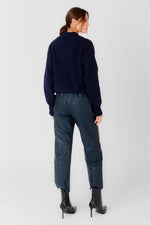 Women's blue leather trousers with an elasticated waist - Image n°3