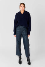 Women's blue leather trousers with an elasticated waist - Image n°2
