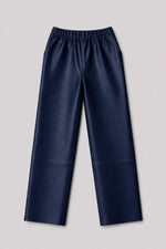 Women's blue leather trousers with an elasticated waist - Image n°5