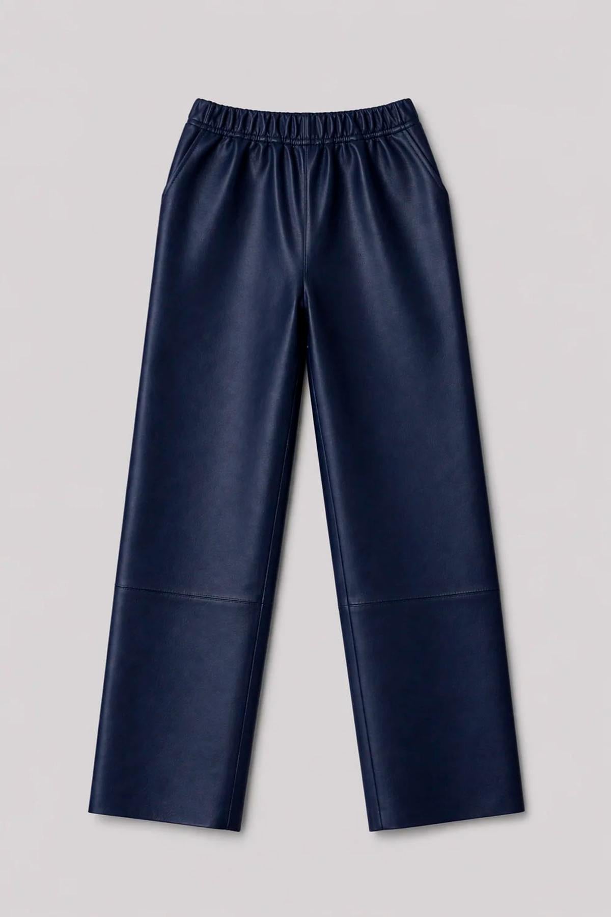 Women's blue leather trousers with an elasticated waist - Image n°5
