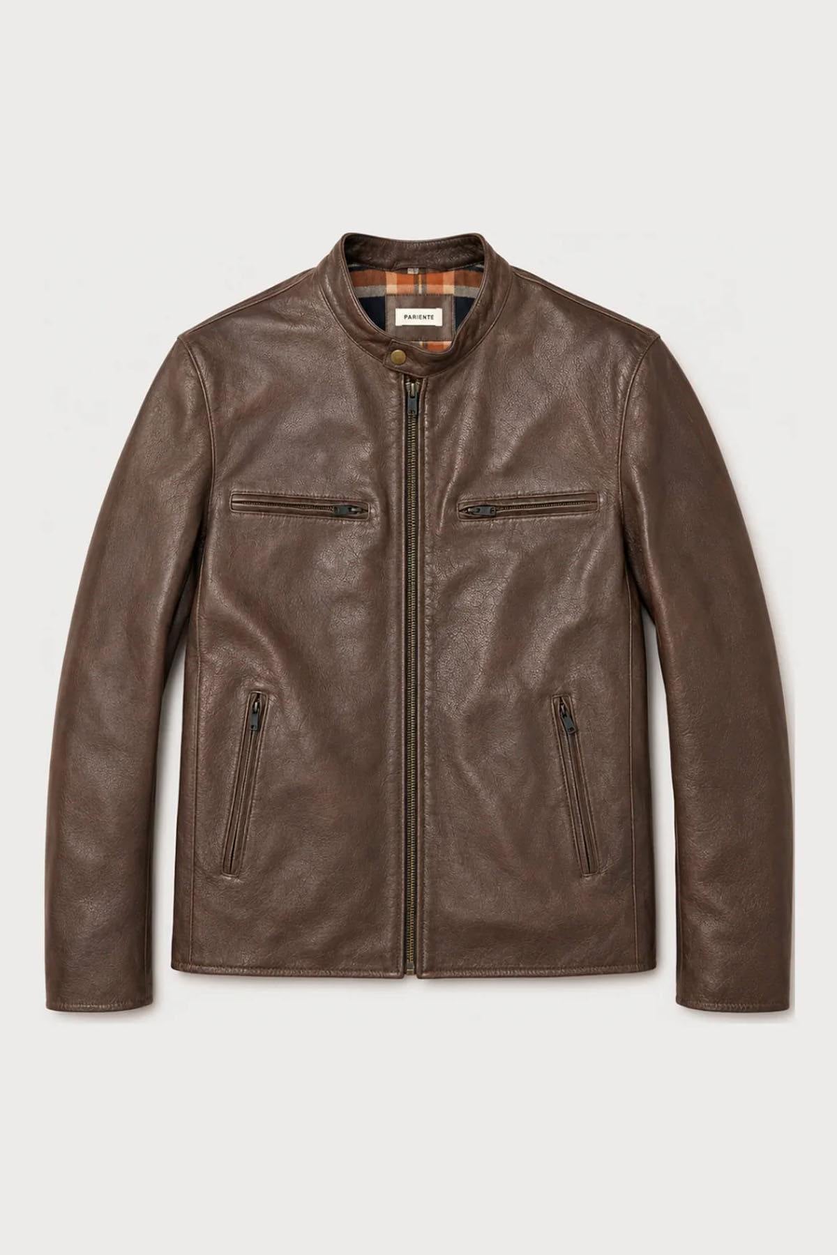 Brown buffalo leather biker-collar jacket - Image n°1