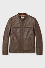 Brown buffalo leather biker-collar jacket - Image n°1