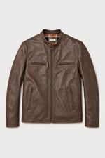 Brown buffalo leather biker-collar jacket - Image n°1