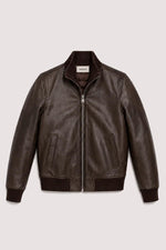 Brown leather varsity jacket with a quilted, puffer-style lining. - Image n°1