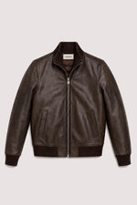 Brown leather varsity jacket with a quilted, puffer-style lining. - Image n°1