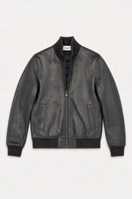 Navy blue leather varsity jacket with a quilted, down-jacket-style lining. - Image n°1