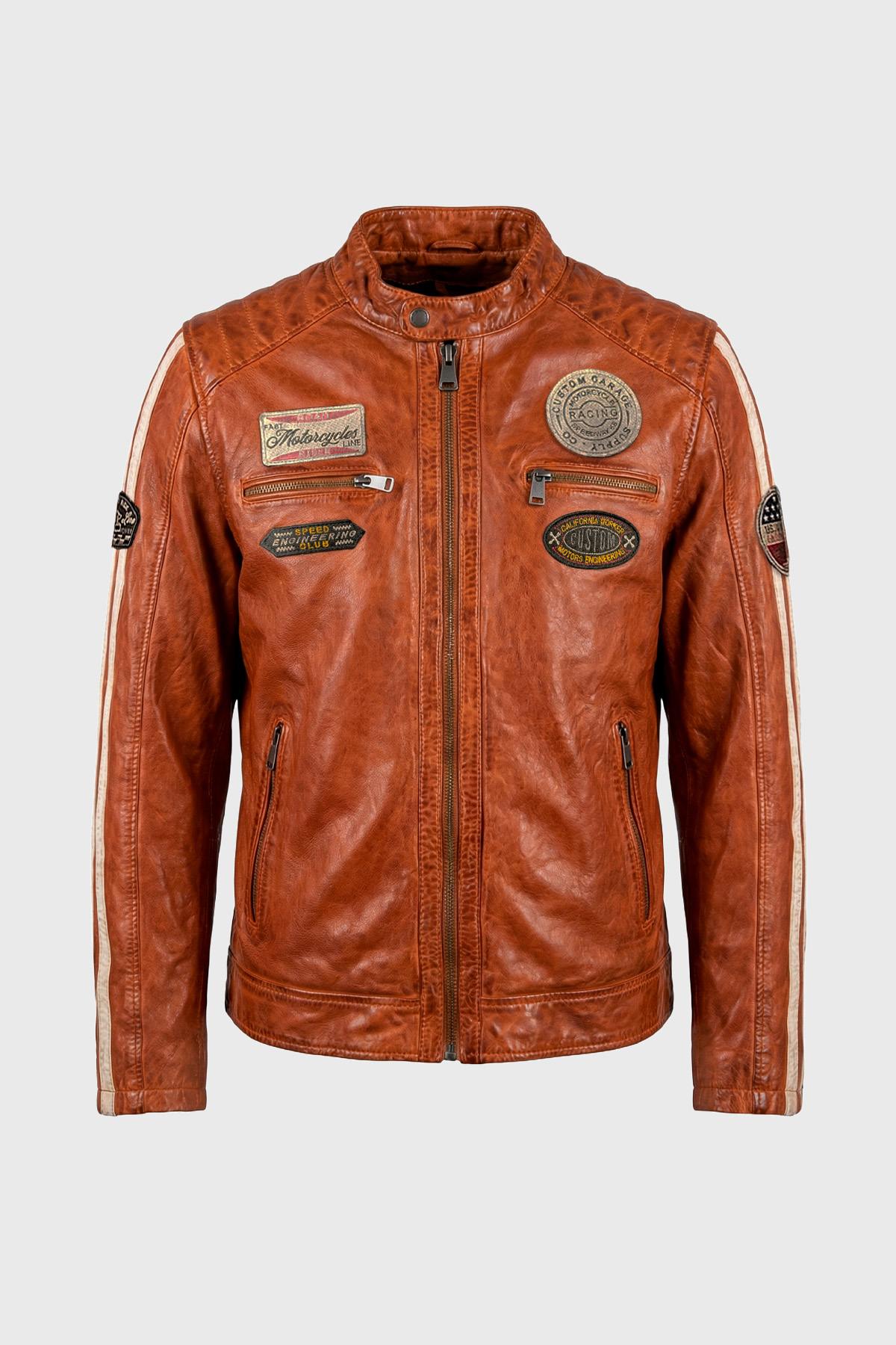 Orange sheepskin leather biker jacket - Image n°2