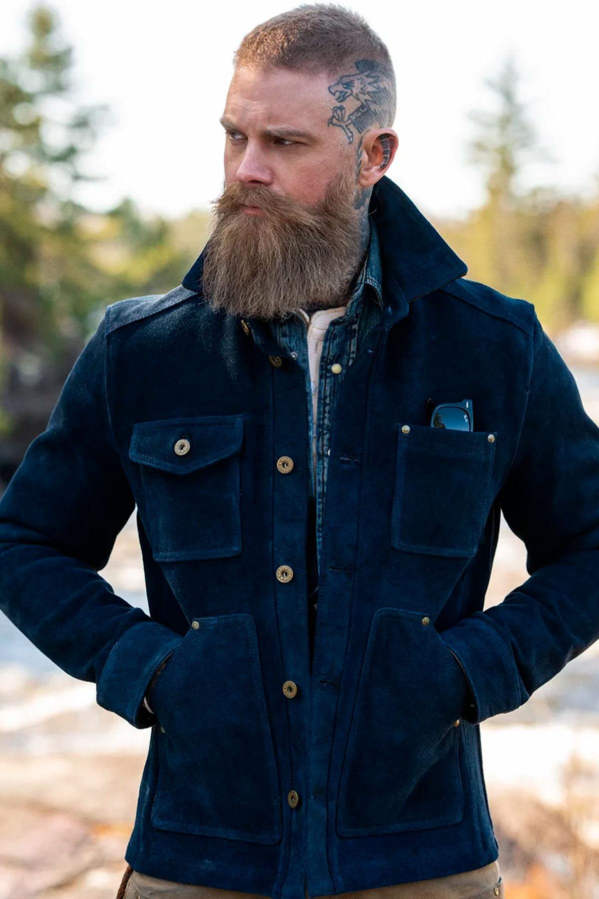 Navy blue suede work jacket - Image n°1