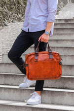 Cognac and brown leather laptop bag - Image n°1